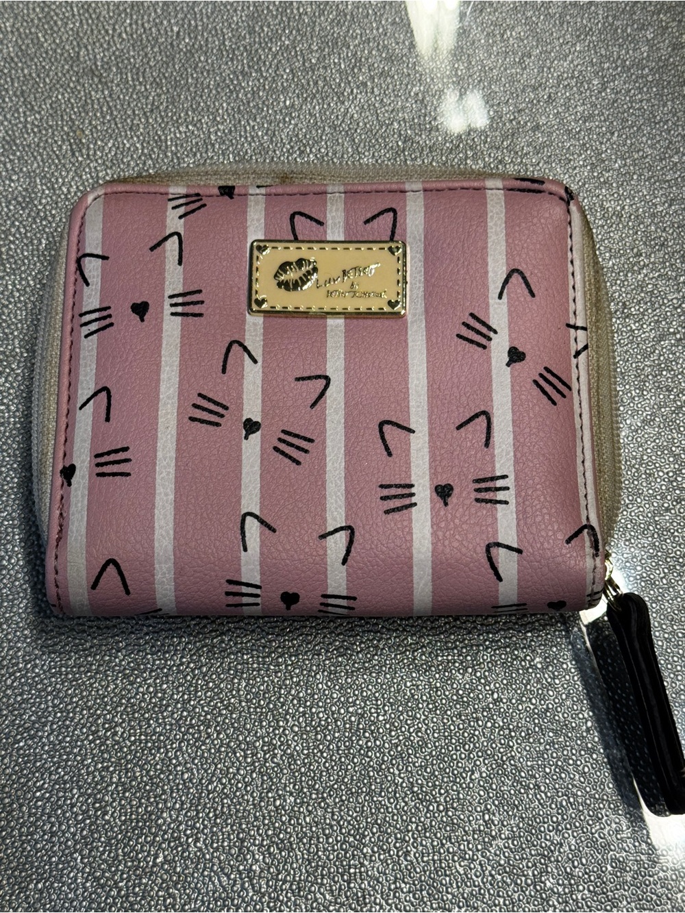 Betsey Johnson Pink Striped Cat-Face Zip Wallet